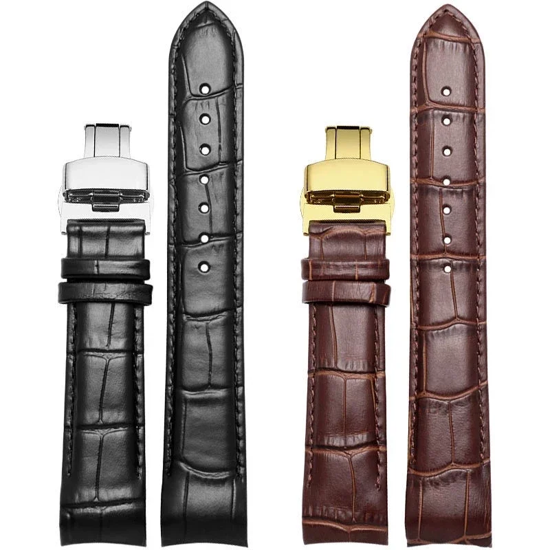 For Tissot Seiko Omega breitling Watch Strap Butterfly clasp ReplacementCalfskin Genuine Cow Leather Brown Black Watchband Belt