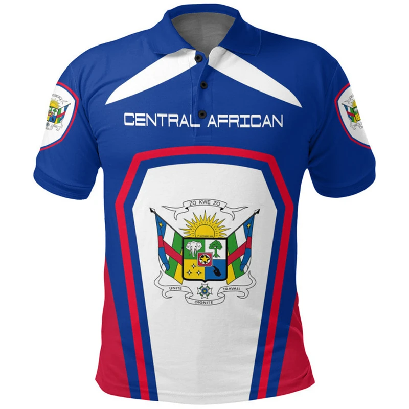 Central African 3d Print Flag Polo Shirt For Men National Emblem Tee Shirts Summer Casual Street Lapel Short Sleeve Tops Loose