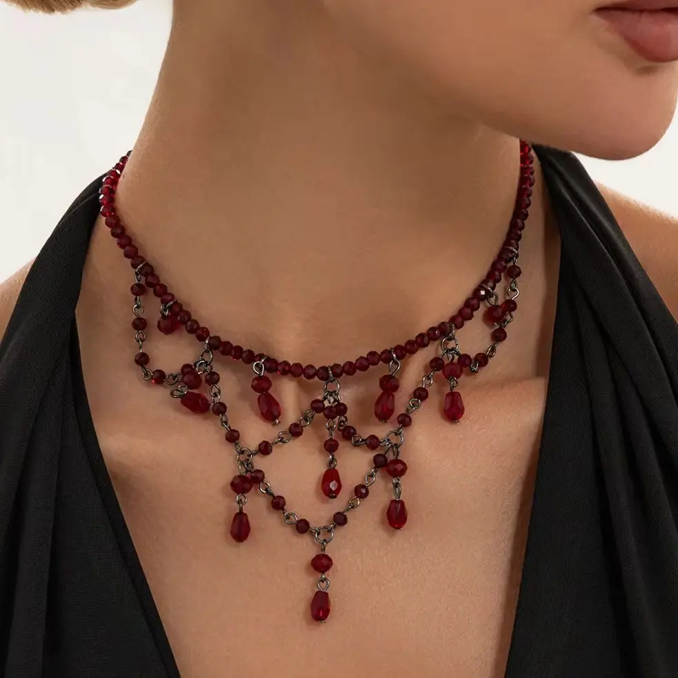 SHIXIN Gothic Glass Crystal Tassel Choker Black Beads Handmade Strand Necklace Multilayer Charm Clavicle Chain Women Jewelry New