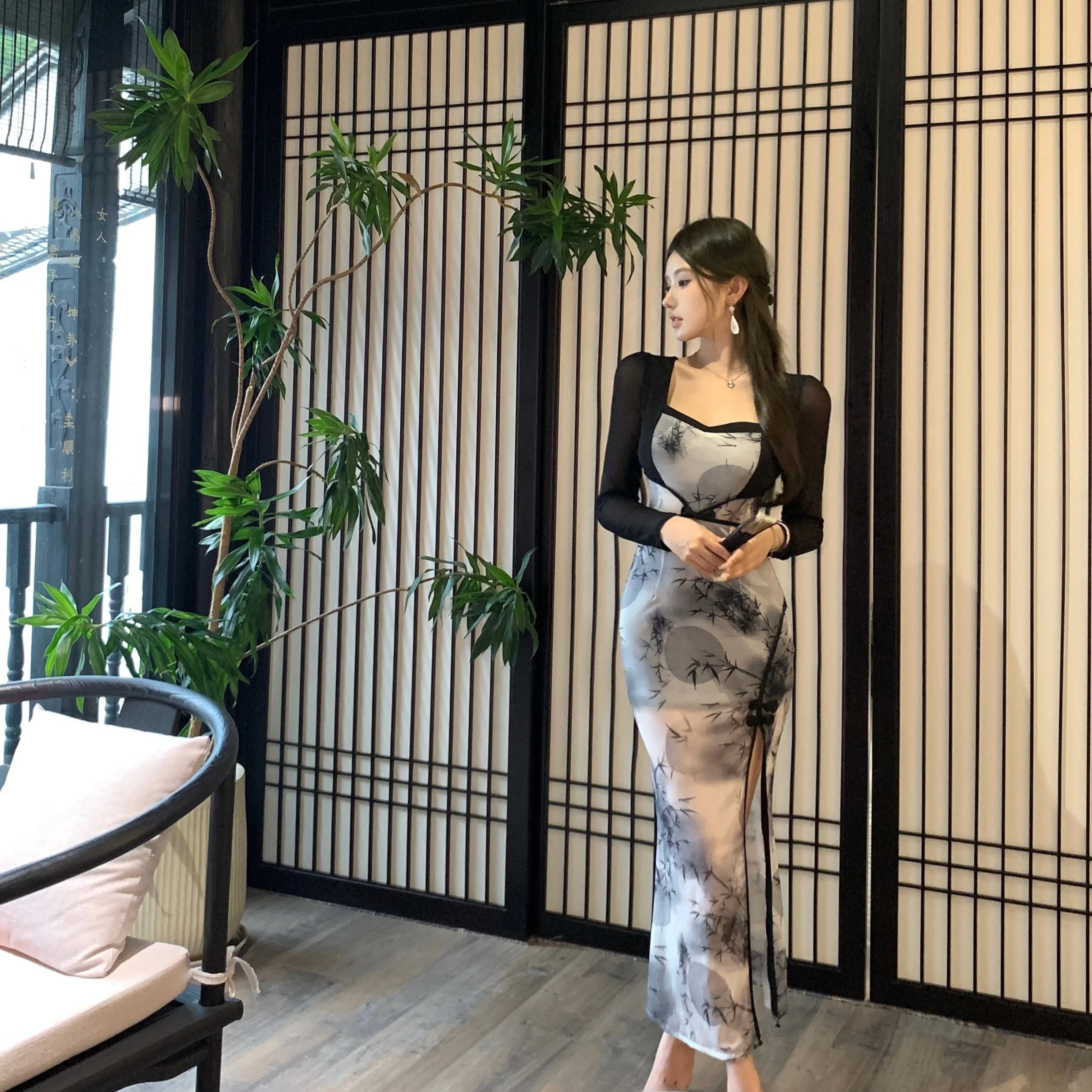 Faionable sexy impressão cintura-conchamento split dr coreano sle longo sve primavera outono nova chegada roupas femininas