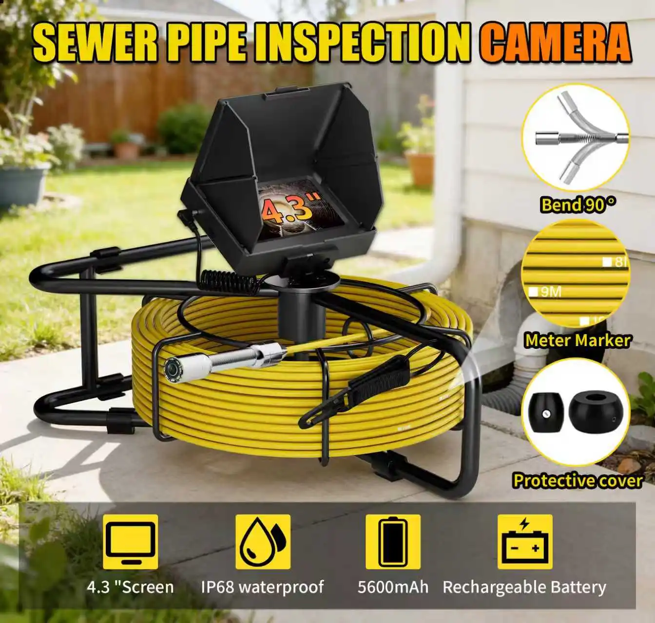 Sewer Inspection Camera - 512Hz Self-Leveling Sewer Camera with 10/20/30M Fiberglass Cable , IP68 Waterproof Sewer Endoscope