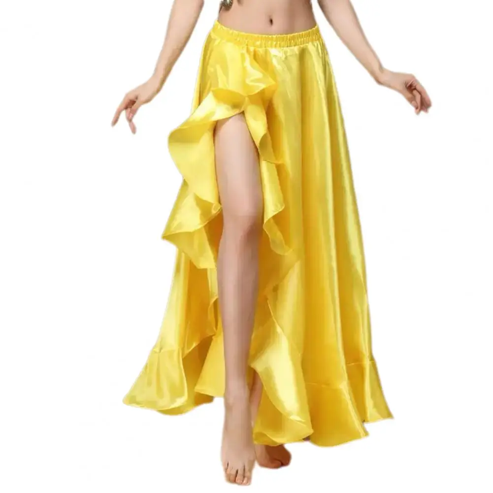 Modern Belly Indian Dance Skirt Women Elastic Waist Ruffled Hem Side Slits Skirt Solid Color Dance Ballet Cosplay Skirt