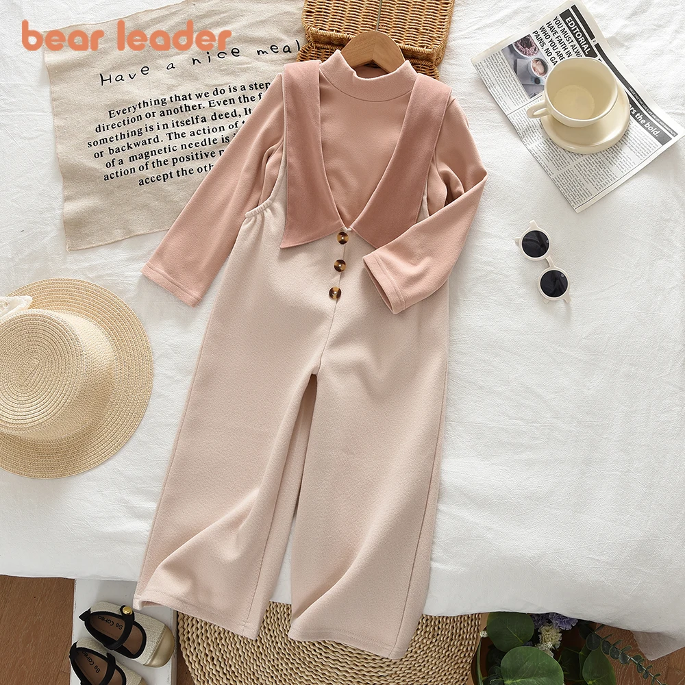 

Bear Leader 2026 Spring Fashion Casual Girls Clothes Autumn Pink Long Sleeve Primer+Beige Jumpsuit Two Piece Sets for Children