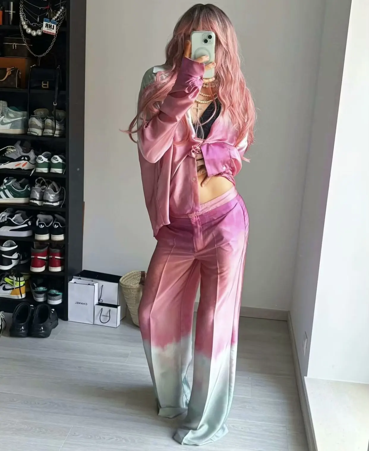 Woman Tie-dye Print Shirt Pants Set V-neck Long Sleeves Satin Shirt High Waist Wide Leg Silken Pants Fall New Female Chic Suit