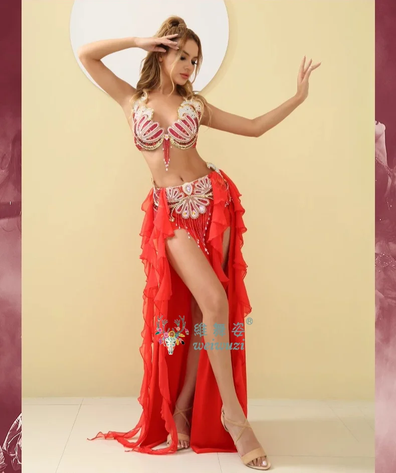 Damen 2-teiliges Bauchtanz-Kostüm BH Swing-Rock Langarm-Oberteil Swing-Rock Sexy Wettbewerbs-Bühnenoutfit Funkelndes Strass-Set – Detail 1