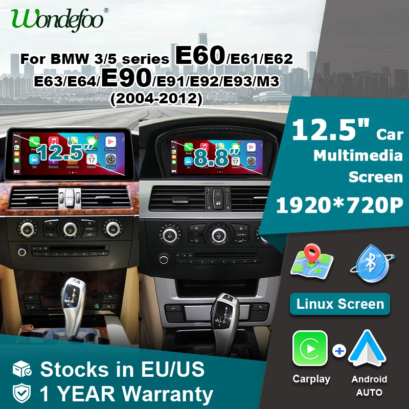Ekran 1920*720P Linux Android Auto Wireless Carplay 12,5" Radio Samochodowe Stereo do BMW serii 3/5 E60 E61 E63 E64 E90 E91 M3 2004-2012 CIC CCC Mirror Link Autoradio Airplay Autolink Nawigacja