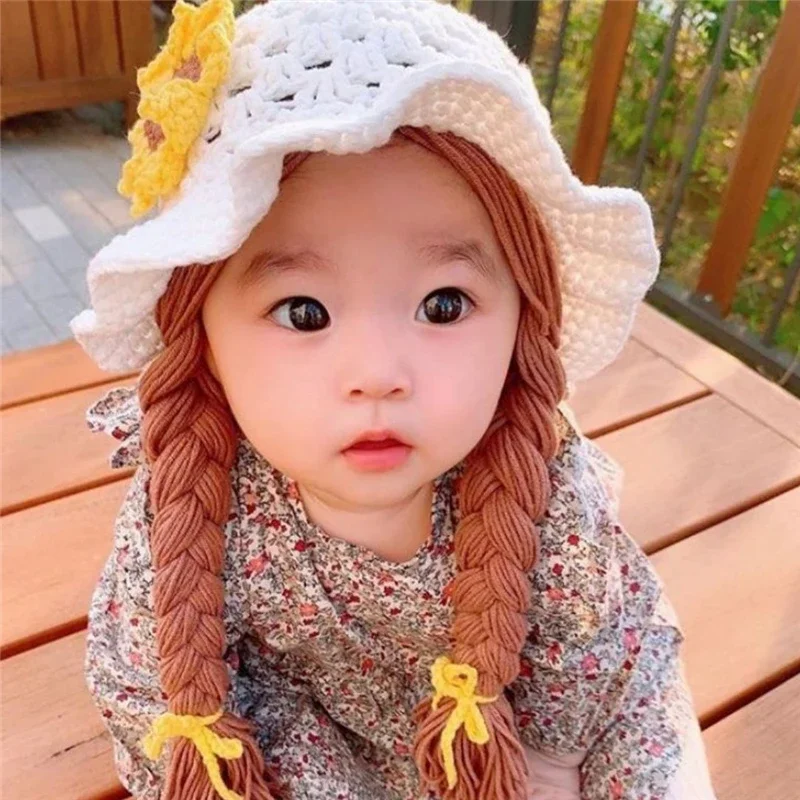 Handmade Knitted Baby Girl Wig Hat Infant Wigs Brades Kid Crochet Hat Caps With Plaits Bebe Photography Props Headwear 1-6 Yrs