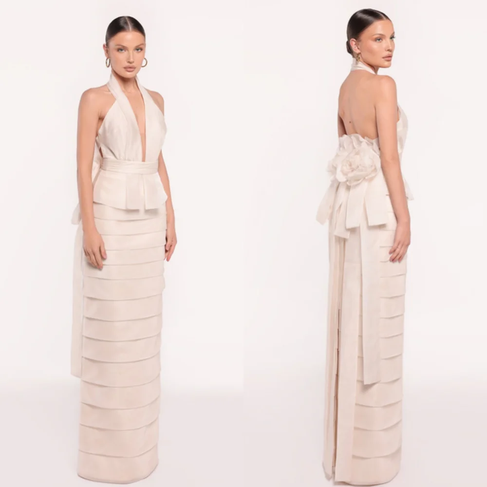 

Customized Modern Style High Quality Jersey Tiered Ruched Handmade Flower Straight Halter Long Dresses Bespoke Occasion Dresses