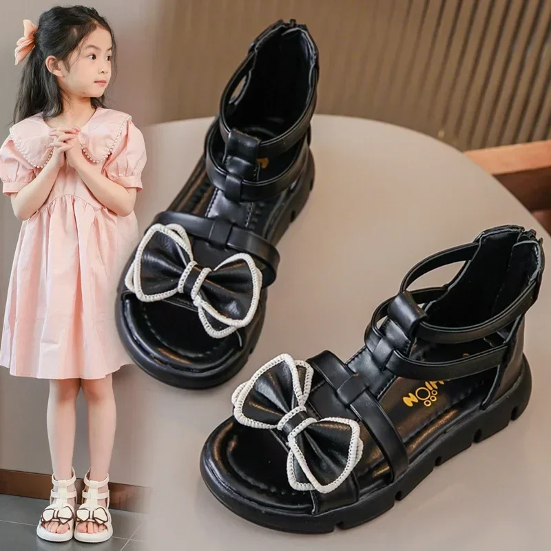 

Kids Roman Shoes Sweet Bow High-top 2025 Summer New Girls Sandals with Back Zipper Children Beach Shoe Princess Style Ins Trend