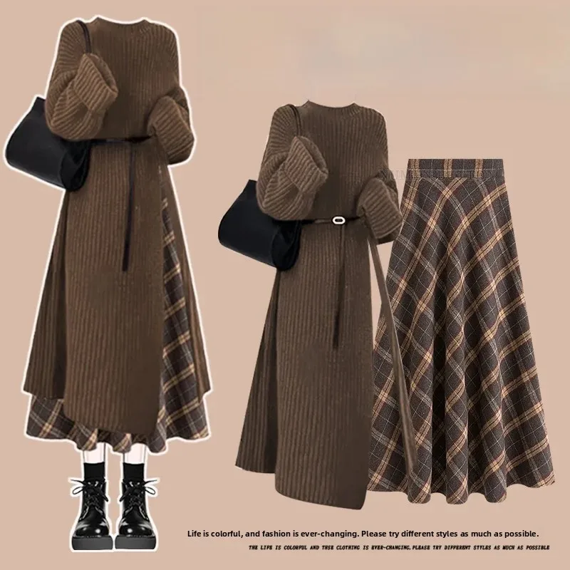 High Waist Plaid Skirt And Knitted Outerwear Two-Piece Set for Women Autumn Winter Fashion Casual Style Korean Slimming Ensemble
