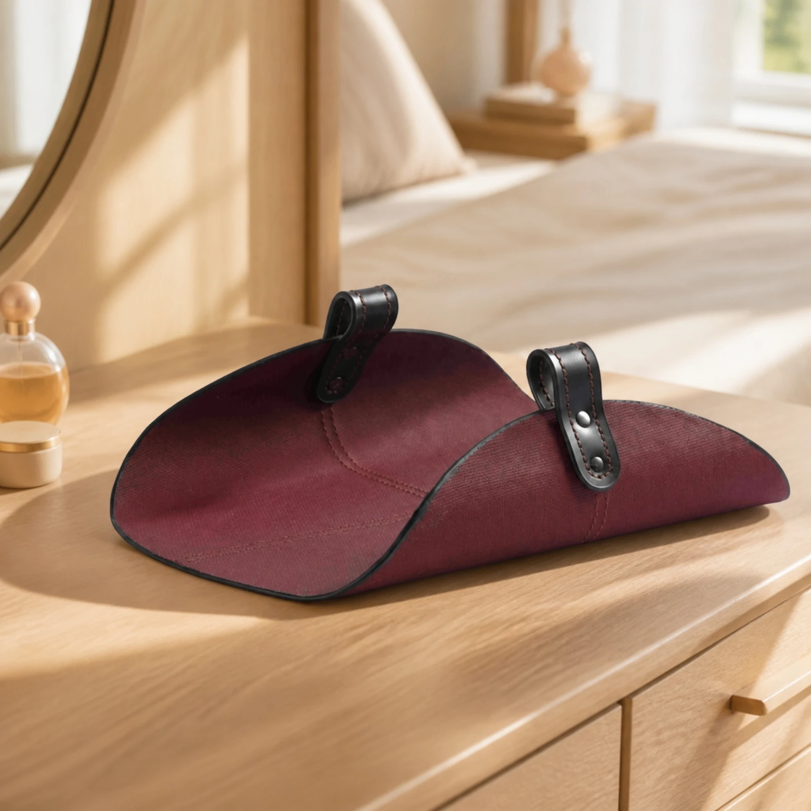 Geometric Catchall Storage Tray Stitched Leather Catchall Tray with Snap Straps Easy to Clean Water-Resistant for Vanity