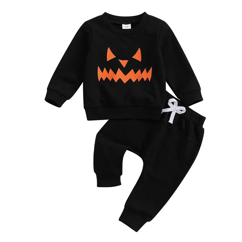 Toddler Boy Halloween Outfits Ghost Face Print Long Sleeve Sweatshirt with Elastic Waist Pants 2Pcs Set