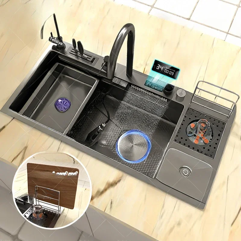 

Stainless Steel Waterfall Kitchen Sink Extra Large Single Slot With Chopping Board Rack Multifunctional