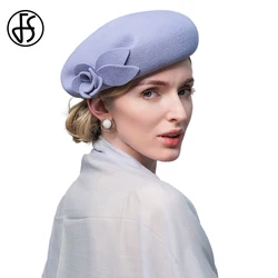 FS Light Blue Wool Fedora Beret Fascinator Hats For Women Elegant Church Cap Flower Wedding Cocktail Party Winter Floppy Hat