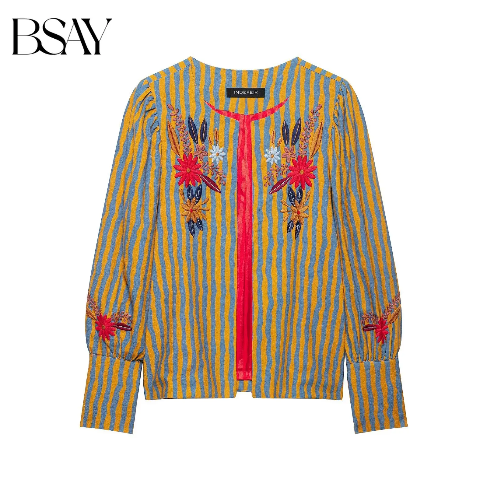 BSAY 2026 Neue Mode Vintage Gestreifte Blumenstickerei Jacke Damen V-Ausschnitt Puffärmel Offene Front Boho Leichte Oberbekleidung
