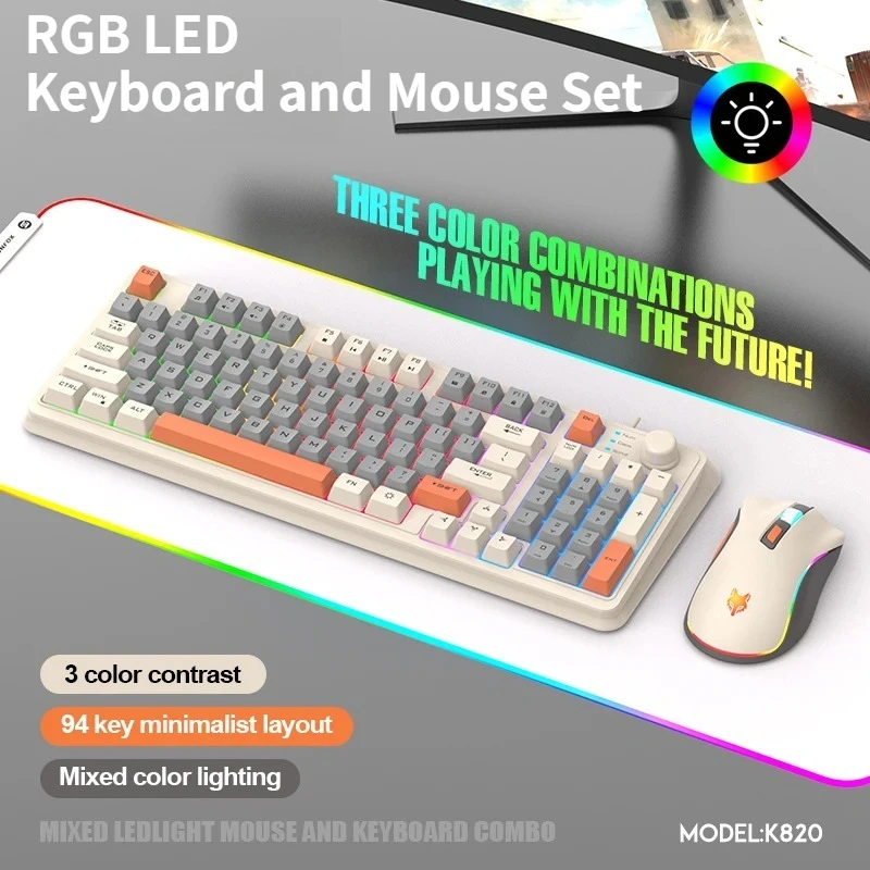 

K82 Keyboard & Mouse Combos Colorful 94-Keys LED Backlight USB Wired Mechanical Gaming Keyboard for Notebook Desktop Laptop
