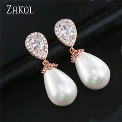 ZAKOL White Imitation Pearl Dangle Earrings for Women Fashion Water Drop Cubic Zirconia Bridal Earring Party Wedding Jewelry