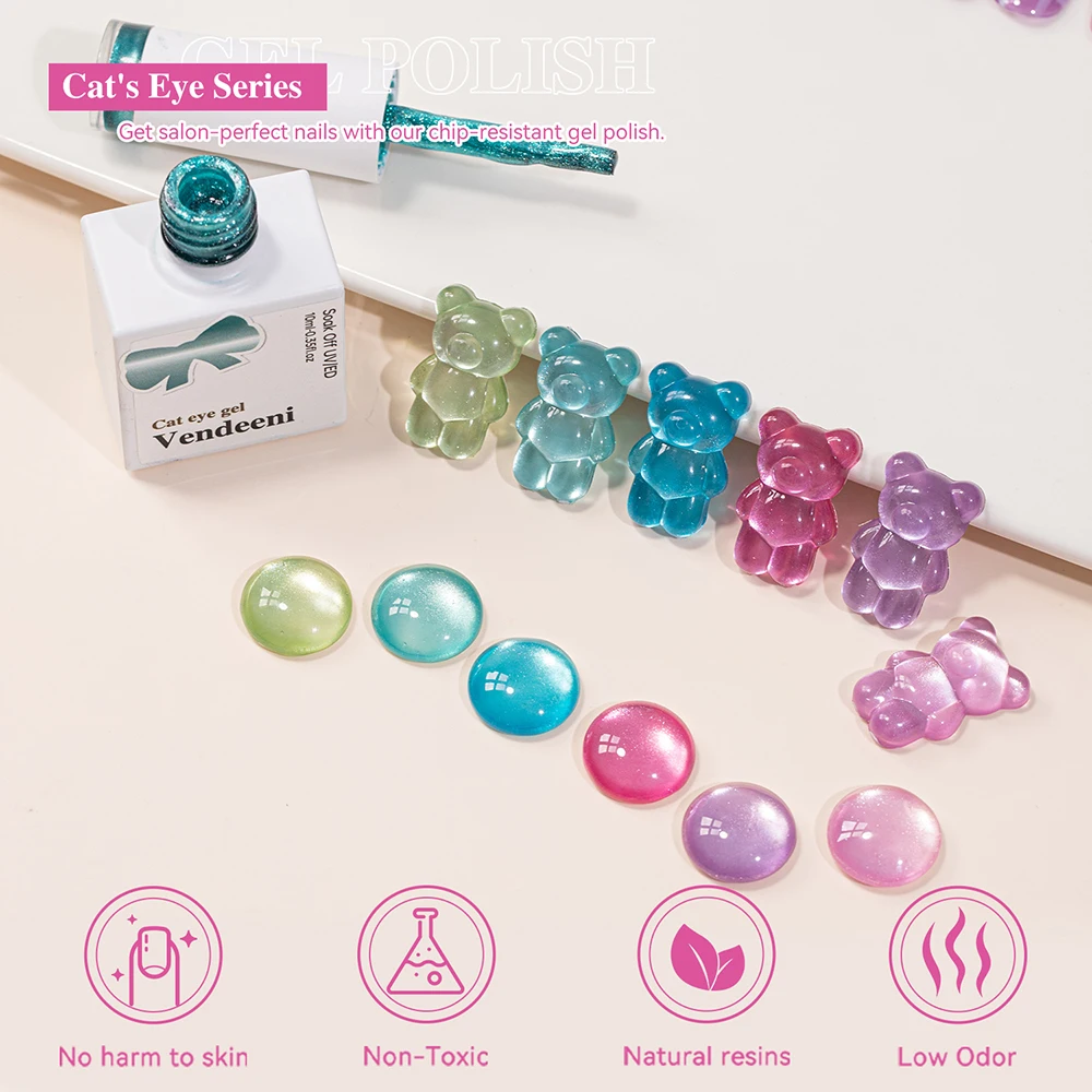 Vendeeni 6 Farben/Set Glasperlen Kristall Katzenaugen Gel Nagellack Magnetisch Halbtransparent Jelly UV LED Gel Lack mit Display – Detail 7