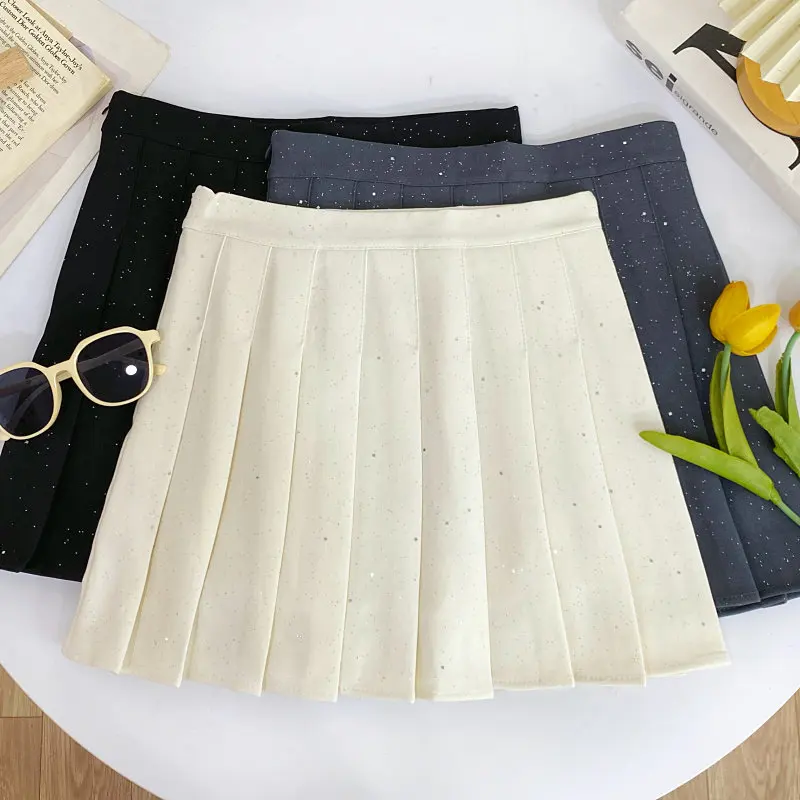 Women's Apricot Mini Pleated Skirt Vintage 2000s Preppy Style High Waist Sequins Skirts Harajuku Korean Style Y2k Skirt Summer