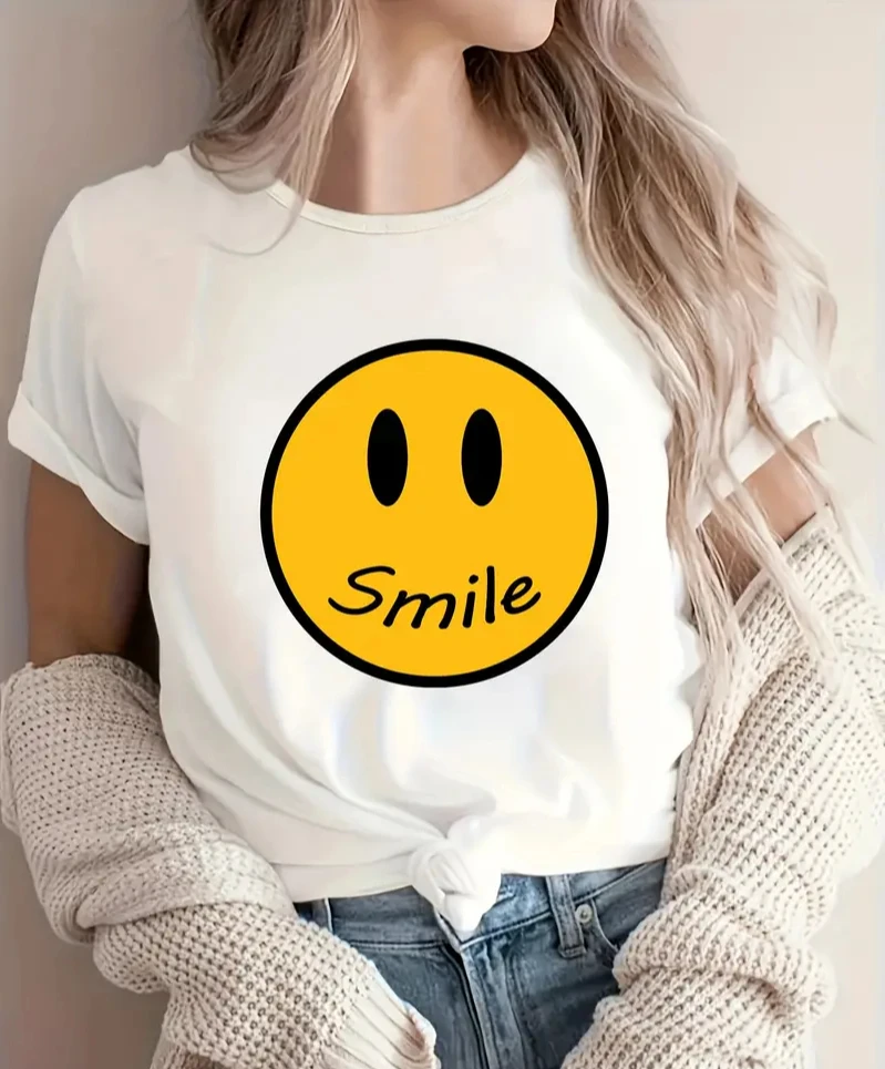 Smile Face Letter Printed T-shirt New Arrival Fun Hand Drawn Cute Lady T-shirt Fashion Style Casual Summer 2024 New Harajuku Top