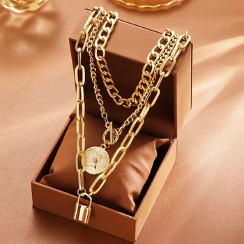 पीस/सेट विंटेज कॉइन लॉक पेंडेंट नेकलेस महिलाओं और पुरुषों के लिए एलिगेंट गोल्ड सिल्वर रंग यूनिसेक्स नेकलेस सेट फैशन हिप हॉप ज्वेलरी 10 best sales हार का ढेर - №8