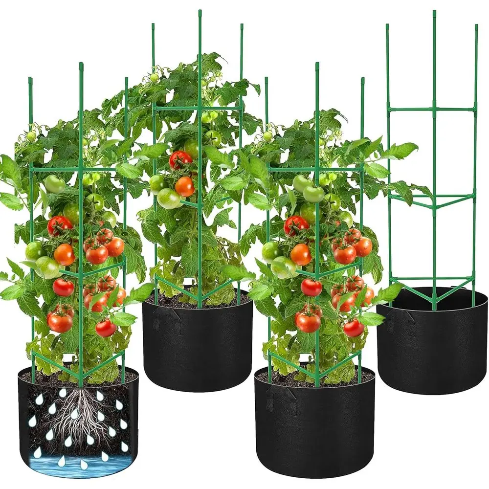 4 Packs 47 x 12 Inch Garden Tomato Cages with Grow Bags - Plant Support Trellis Assembled with Planter Bags - Garden Cucumber Ve