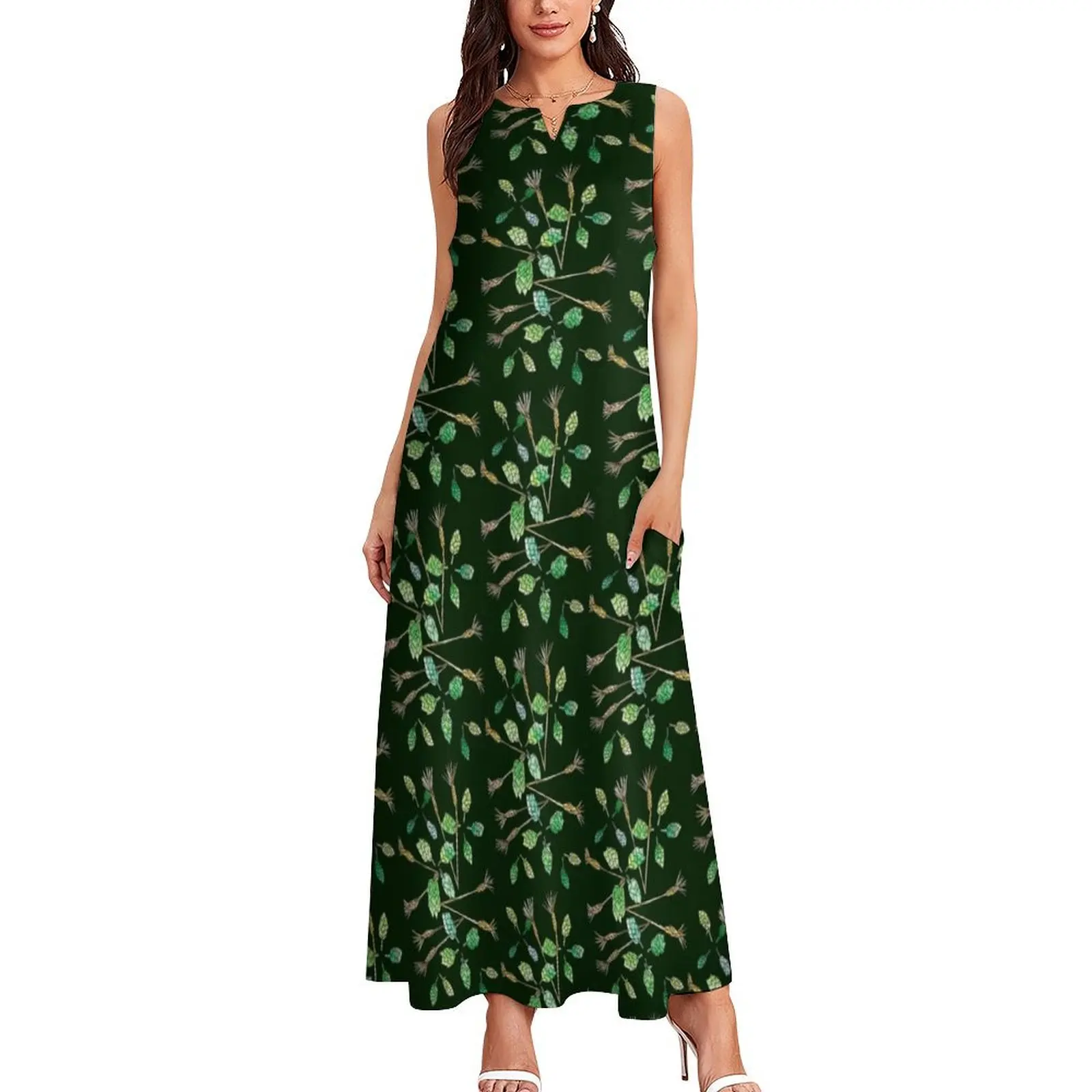 Hops and Wheat (dark green background) Long Dress chic and elegant evening dress prom dress