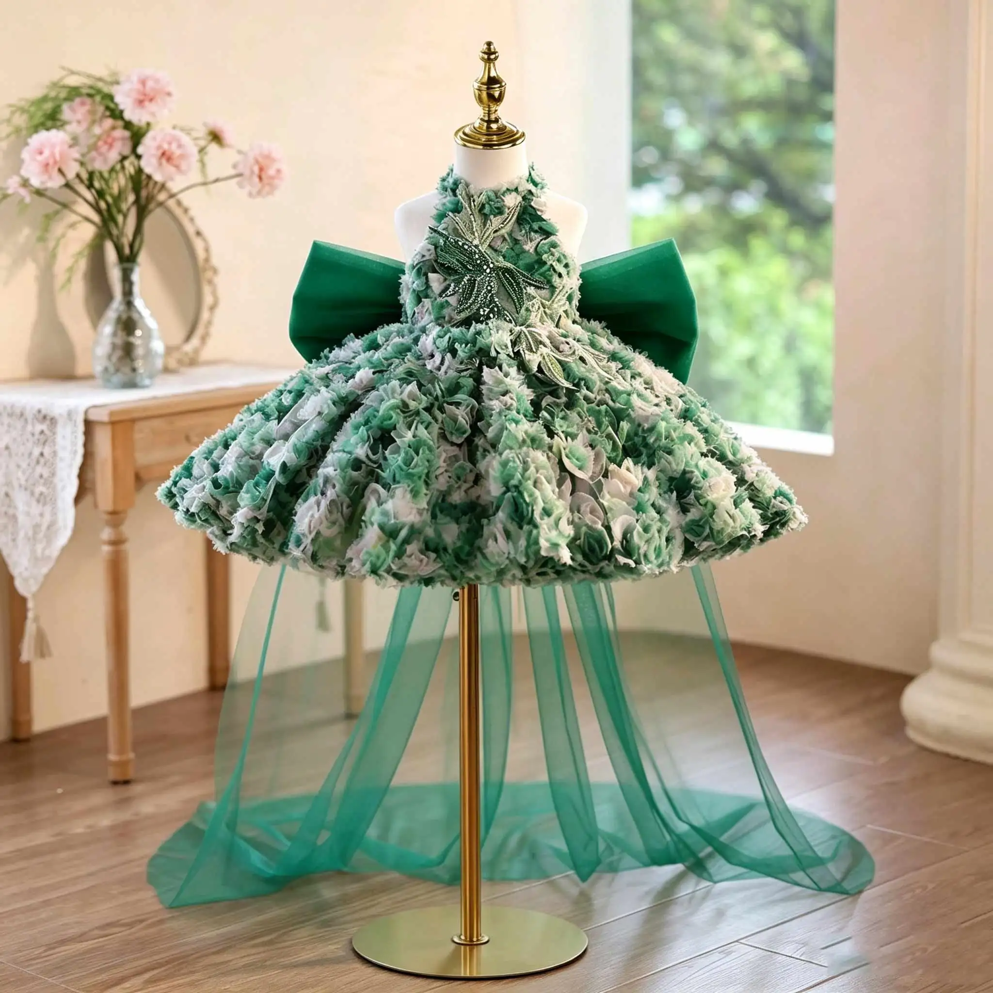 Jill Wish J505 Green 3D Floral Girl Pageant Dress Huge Bow Long Tulle Train Halter Kids Birthday Party Gown
