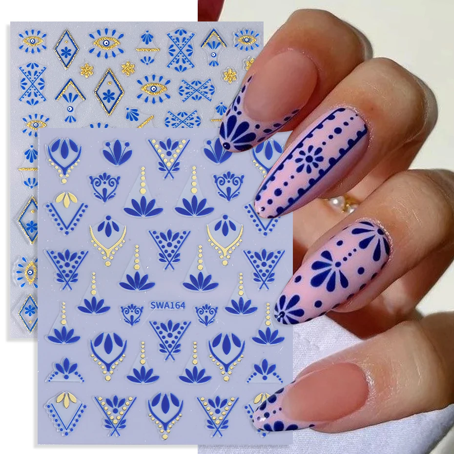 2 uds pegatinas de uñas de estilo bohemio líneas doradas azules pétalos de flores autoadhesivos calcomanías de uñas bohemias DIY decoración deslizante de manicura