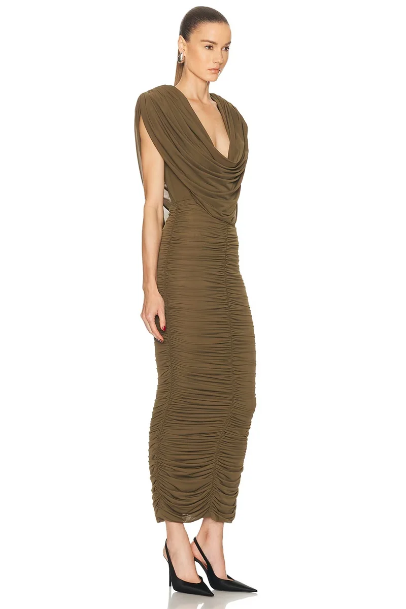 

Brown Prom Dress Sexy Sleeveless V Neck Ruffles Elegant Long Sheath Party Gown Formal Wedding Guest Birthday Evening Robe