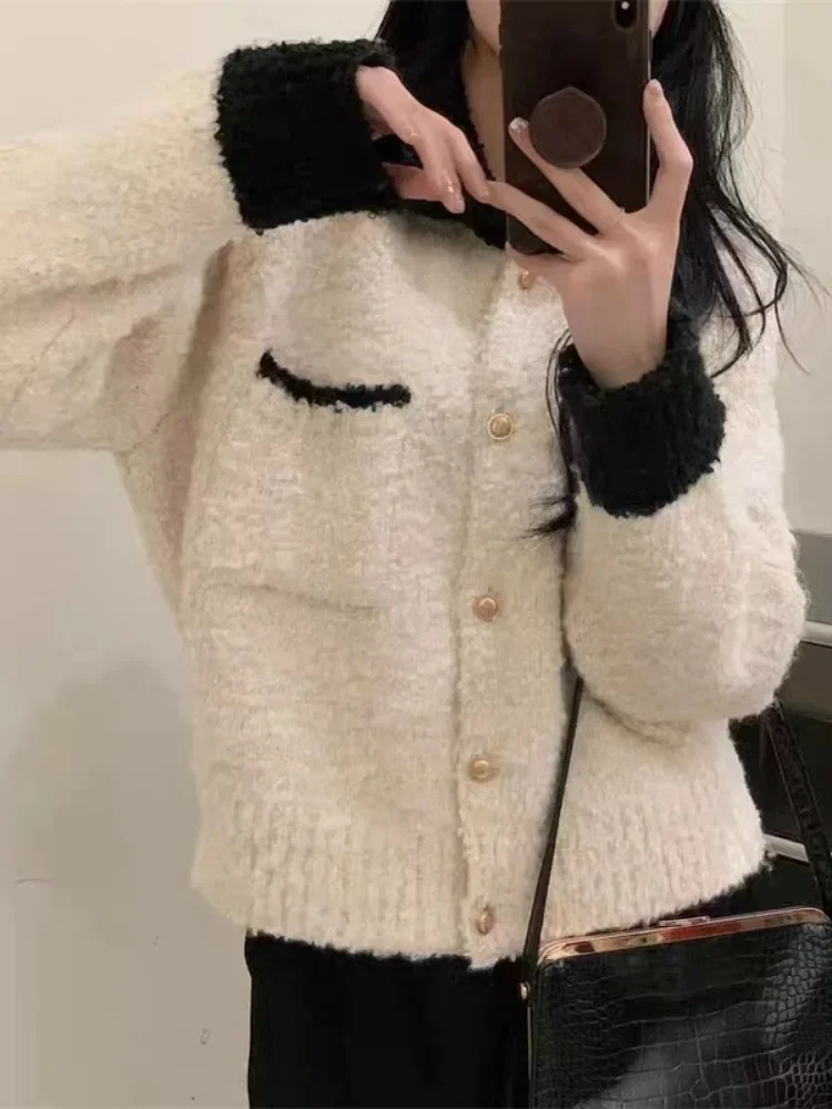 Korean Sueter Mujer Knitting Cardigan Jackets for Women Contrast Color Preppy Style Pull Femme Vintage Pocket Knitwear Sweater