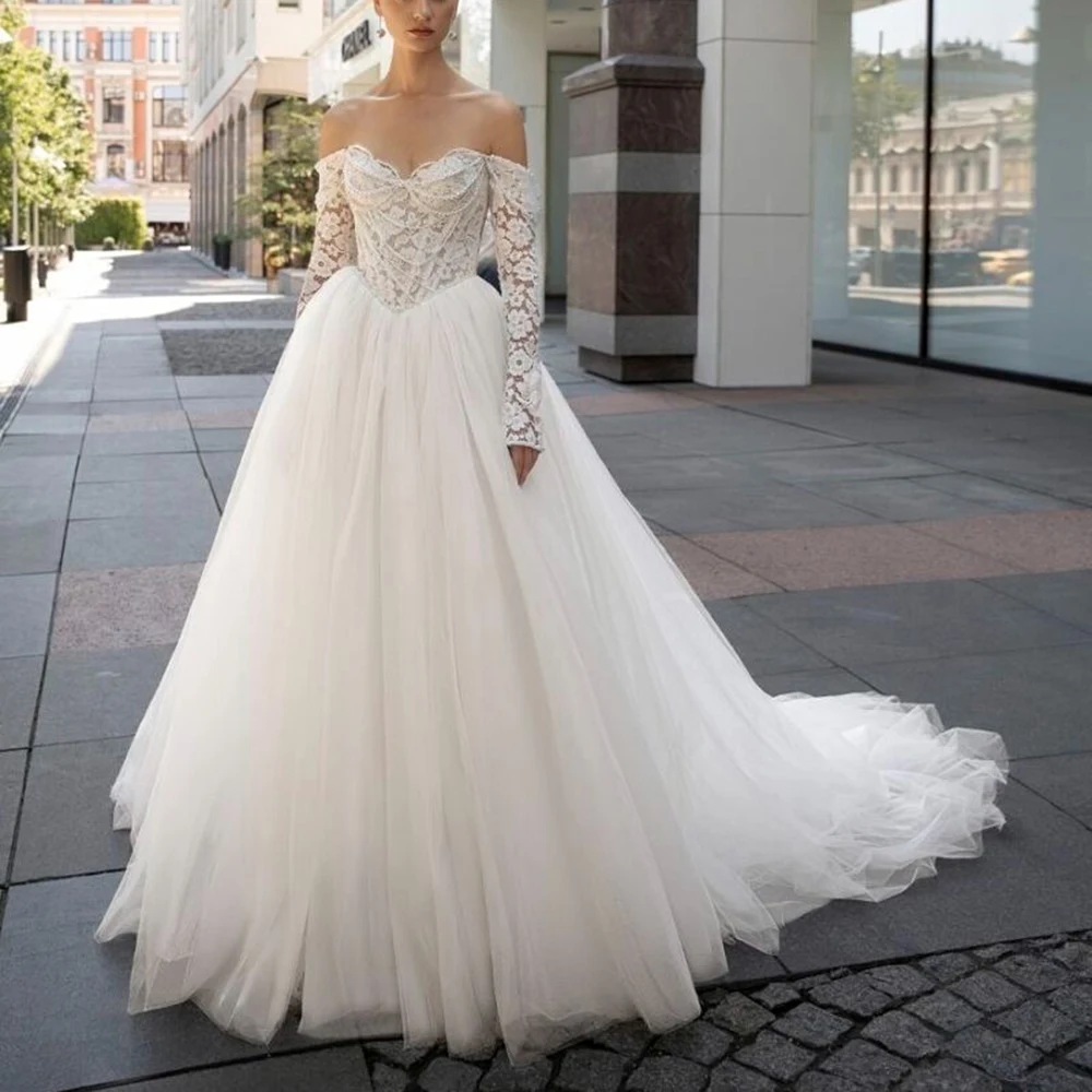 Graceful Off Shoulder Tulle A-line Train Backless Wedding Dress Lace Long Sleeve Boho Bridal Dress with Pearls Custom Made