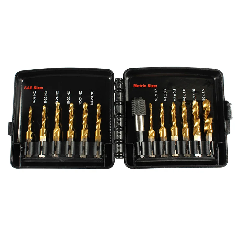 

13pcs Titanium Coated Sae And Metric Tap Bits Kit Combination Drill Tap Bit Set With Quick Change Adapter