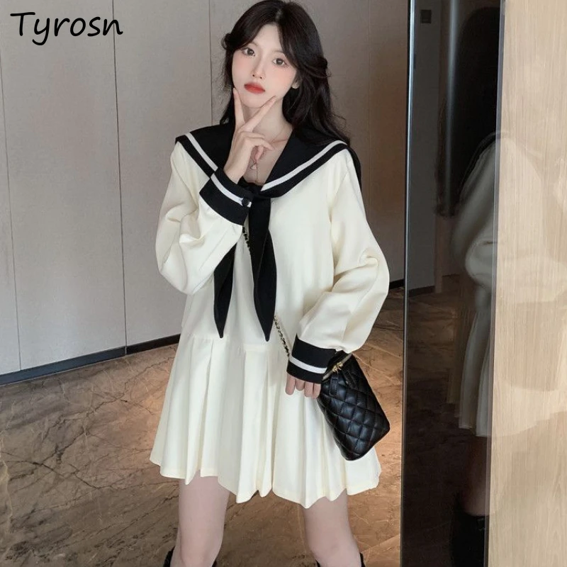 Dresses Women Autumn Design Sailor Collar Simple All-match Comfortable Loose Korean Style Retro Solid Elegant Student Lovely New