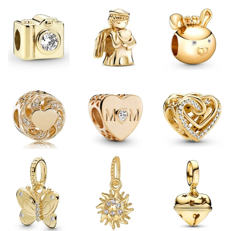 Gold Color Series Charms Beads 925 Silver Plated Diamond Flower Heart Pendant For Pandora Bracelet Necklace Keychain DIY Jewelry