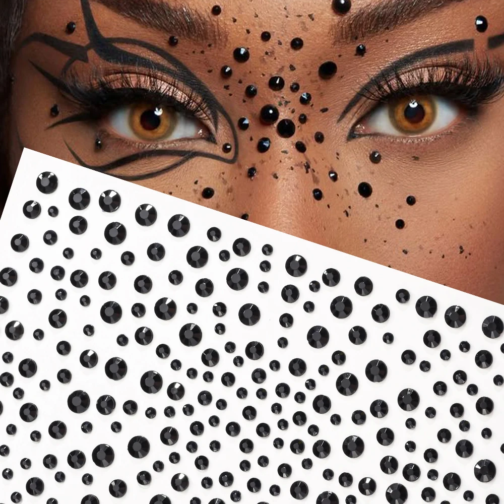 1Sheet 9D Halloween Punk Black Diamond Face Sticker Mixed-Size Black Round Crystal Eye Makeup Face Decal Adhesived Black Slider