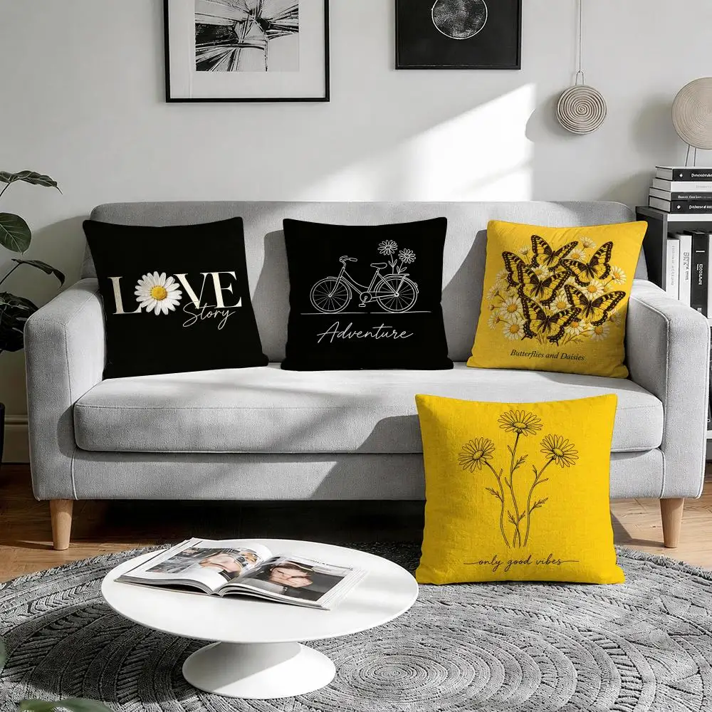 Daisy Line Bicycle Simple Style Cushion Cover Natural Breathable Durable Linen Printed Decor Pillow Case Sofa Bedroom