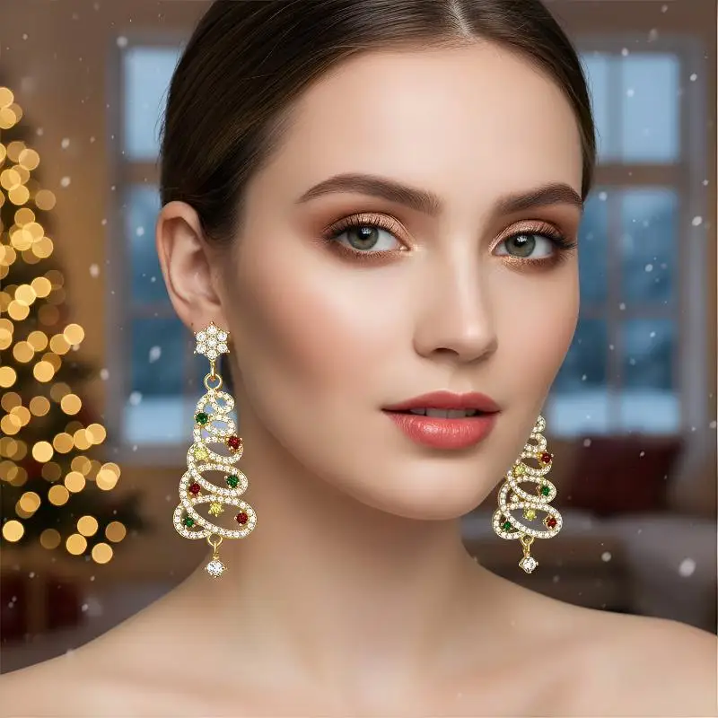 Youthful Christmas Tree Earrings For Women With Zircon Accents Silver Needle And Snowflake Style Holiday Jewelry