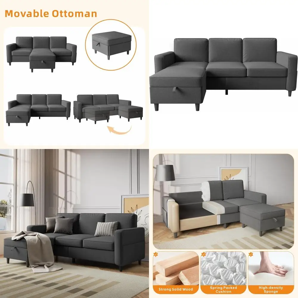 

Серый 3-местный угловой диван 78 Grey с оттоманкой для хранения, льняные секционные диваны-трансформеры для шезлонга, офиса, небольших помещений