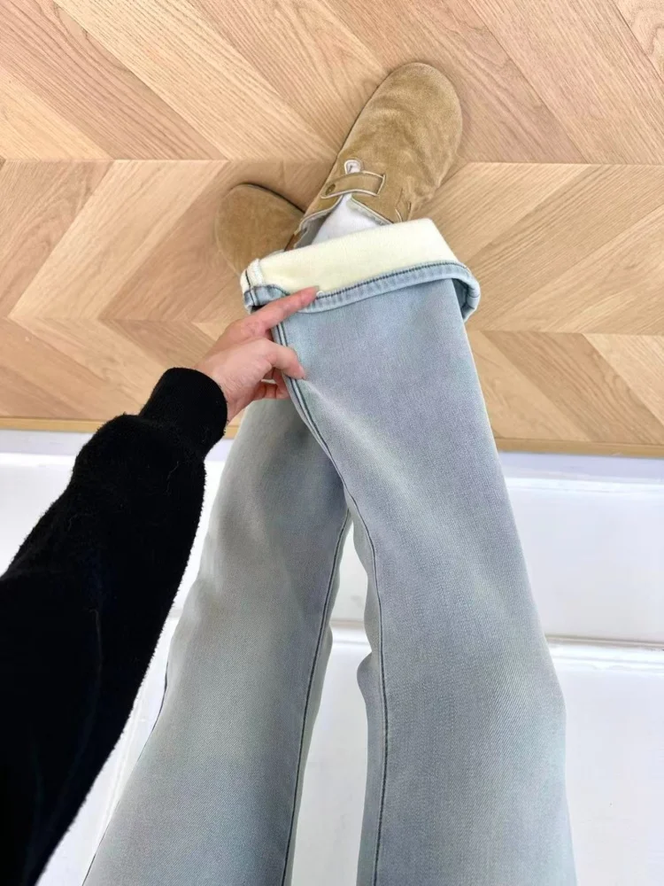 

plus Size Women's Fce Lined Thiened Micro Flared Jeans High Waist Straight Leg Warm Slimming Denim Pants Winter Casual Wear