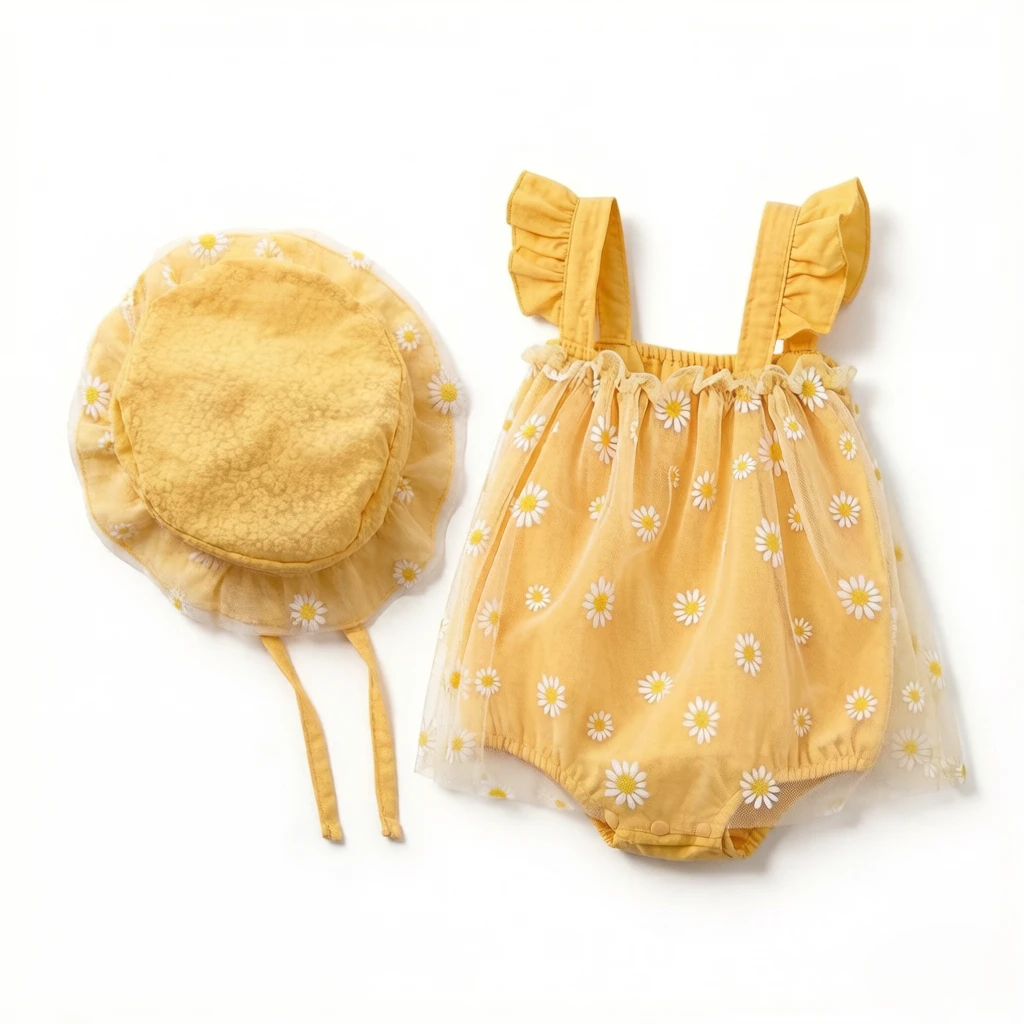 2Pcs Yellow Daisy Sleeveless Strap Bodysuit, sweet princess style triangle romper, cute summer wear for baby girls