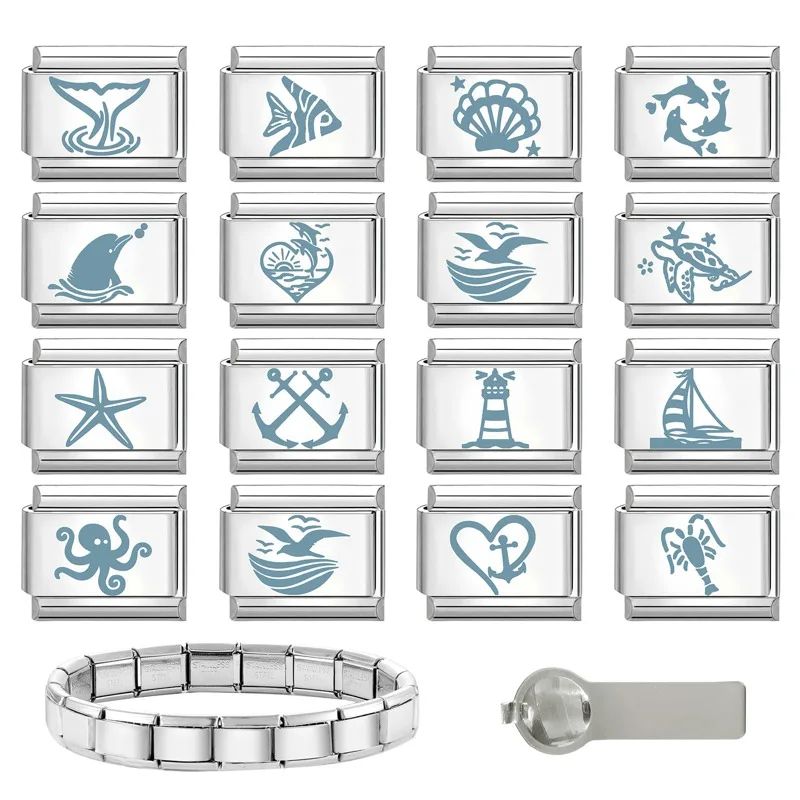 Laser Engraving Blue Color Heart Cherry Piano Italian Charm Links Stainless Steel Fit 9mm Bracelet Men Women DIY Making