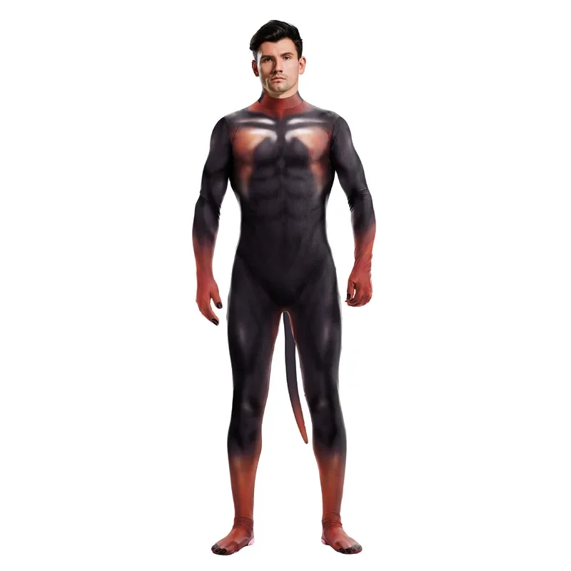 남녀공용 3D 프린트 동물 코스프레 의상, 할로윈 카니발 바디 수트, 꼬리 가랑이 지퍼 점프 수트, 캣수트 젠타이 수트