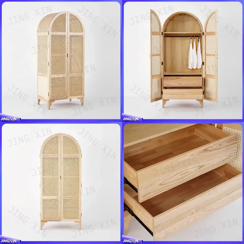 Custom for Woven Rattan Bedroom Hidden 2 Doors Wooden Wardrobe Closet Storage Cabinet Furniture Home Organization