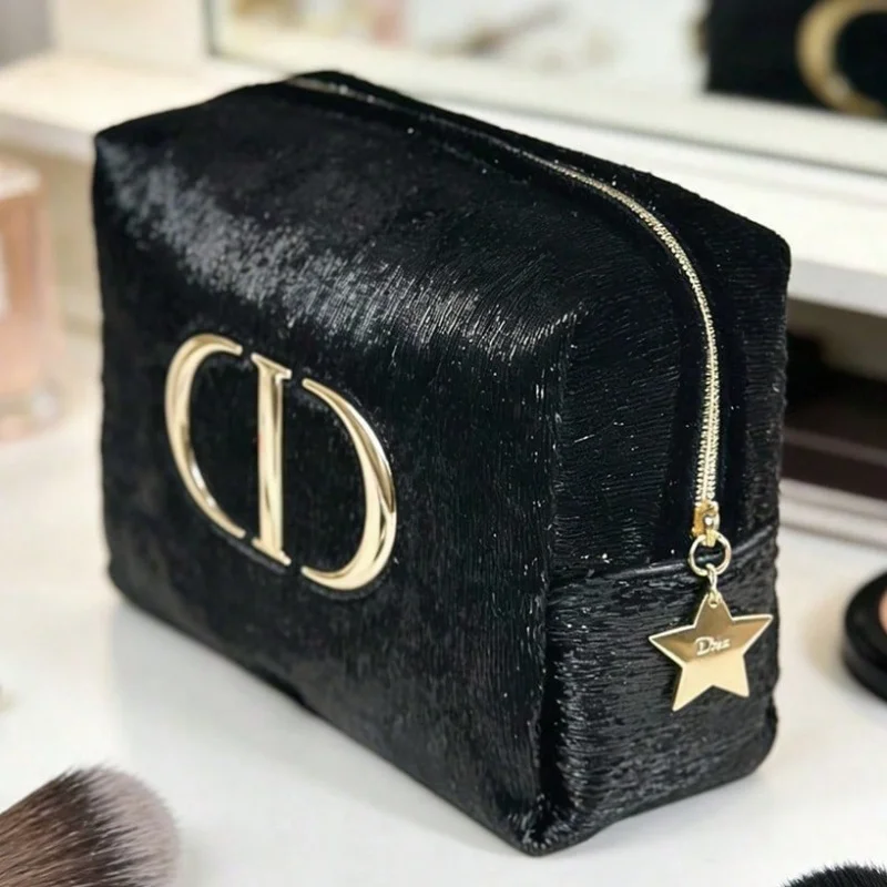 Christian Dior Dior’s bag Vintage Luxury Black Velvet Women Purse Embossed Gold Logo Multi-use Clutch Handbag Portable Cosmetic view 2
