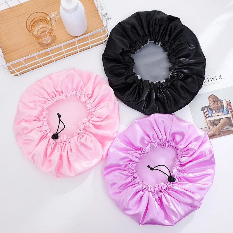 7 Colors Double-layer Oversized Drawstring Adjustable Shower Caps with Waterproof Black Satin + PEVA Material Purple Wholesale