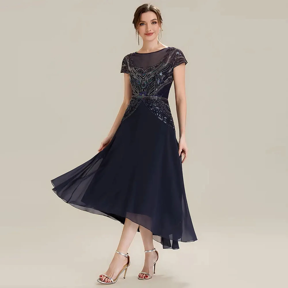 BAZIIINGAAA Party Dress Short Sleeves High Stretch Sequin Boat Neck A-Line High-low Wedding Guest Dresses Evening Dresse