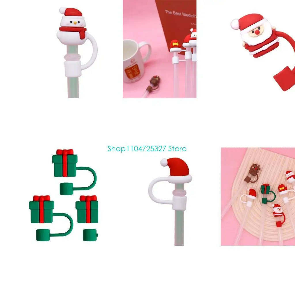 D8KF 3 Pcs Christmas Silicone Straw Covers Cap DustProof Drinking Straw Cap Plugs Portable Straw Cap Decoration Durable