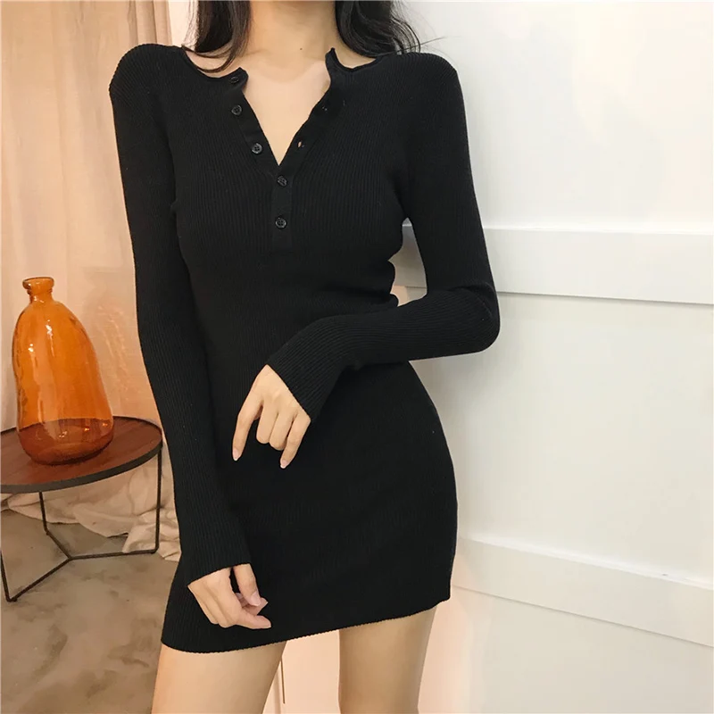 Vestido corto negro de manga larga con cuello redondo para mujer, minivestido Sexy ajustado con botones, moda coreana, otoño e invierno, 2022