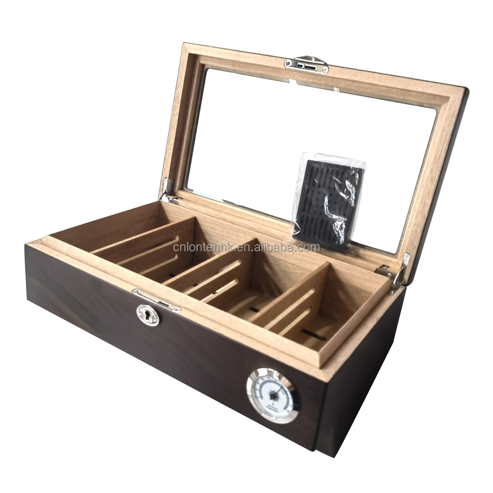 

Glass top walnut color matte finished wooden cigar humidor with ashtray